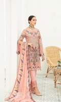 Embroidered Chiffon front with sequins – 30 inch Embroidered Chiffon back – 30 inch Embroidered Chiffon sleeves Embroidered tissue sleeves lace with pasting  Embroidered tissue ghera lace Embroidered Chiffon dupatta – 2.50 Meter Raw Silk trouser – 2.5 Meter  Embroidered tissue trouser lace