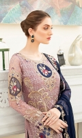 Embroidered Chiffon front with sequins– 30 inch  Embroidered Chiffon back – 30 inch Embroidered Chiffon sleeves  Embroidered tissue sleeves lace with pasting Embroidered tissue ghera lace Embroidered Chiffon dupatta – 2.50 Meter  Raw silk trouser – 2.5 Meter  Embroidered tissue trouser lace