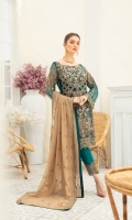 Embroidered Chiffon front with sequins– 30 inch  Embroidered Chiffon back – 30 inch Embroidered Chiffon sleeves  Embroidered organza sleeves lace Embroidered organza ghera lace Embroidered Chiffon dupatta – 2.50 Meter  Raw silk trouser – 2.5 Meter  Embroidered organza trouser lace