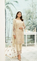 Embroidered Chiffon front with sequins– 30 inch  Embroidered Chiffon back – 30 inch Embroidered Chiffon sleeves  Embroidered tissue sleeves lace Embroidered tissue ghera lace Embroidered Net dupatta – 2.50 Meter  Raw silk trouser – 2.5 Meter  Embroidered tissue trouser lace