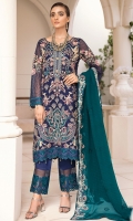 Embroidered chiffon front with sequence Embroidered chiffon back Embroidered chiffon sleeves Embroidered organza lace Embroidered organza ghera lace Embroidered chiffon dupatta – 2.50 Meter Raw Silk trouser – 2.5 Meter Embroidered organza trouser lace
