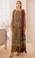 Embroidered chiffon front with sequence Embroidered chiffon back Embroidered chiffon sleeves Embroidered organza lace with pasting Embroidered organza ghera lace Embroidered net dupatta – 2.50 Meter Raw Silk trouser – 2.5 Meter Embroidered organza trouser lace