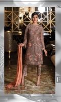 Embroidered chiffon front with sequence– 30 inch Embroidered chiffon back – 30 inch Embroidered chiffon sleeves with lace pasting – 1.25 Meter Embroidered tissue ghera lace – 1.5 Meter Embroidered chiffon dupatta – 2.50 Meter Grip trouser with patches– 2.5 Meter