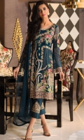 Embroidered chiffon front with sequence– 30 inch Embroidered chiffon back – 30 inch Embroidered chiffon sleeves with lace pasting – 1.25 Meter Embroidered Net ghera lace – 1.5 Meter Embroidered chiffon dupatta – 2.50 Meter Grip trouser with patches– 2.5 Meter