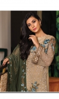 Embroidered chiffon front with sequence– 30 inch Embroidered chiffon back – 30 inch Embroidered chiffon sleeves with patches – 1.25 Meter Embroidered tissue ghera lace – 1.5 Meter Embroidered chiffon dupatta – 2.50 Meter Grip trouser with patches – 2.5 Meter