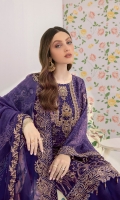 Embroidered chiffon front with sequence Embroidered chiffon back  Hand work neck patch Embroidered chiffon  sleeves Embroidered organza sleeves lace  Embroidered organza ghera lace  Embroidered chiffon dupatta – 2.50 Meter Raw Silk trouser – 2.5 Meter Embroidered organza trouser lace