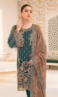Embroidered chiffon front with sequence Embroidered chiffon back Hand work neck patch Embroidered chiffon sleeves Embroidered organza sleeves lace Embroidered organza ghera lace Embroidered chiffon dupatta – 2.50 Meter Raw Silk trouser – 2.5 Meter Embroidered organza trouser lace