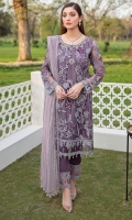 Embroidered net front with sequence Embroidered net back with sequence Hand work neck patch Embroidered net sleeves with sequence Embroidered net sleeves lace with sequence Embroidered net ghera lace with sequence Embroidered Net dupatta with sequence Raw Silk trouser – 2.5 Meter Embroidered net trouser patches