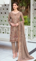 Embroidered Organza front with sequence Embroidered Organza back Hand work neck patch Embroidered Organza sleeves Embroidered Organza sleeves lace with pasting Embroidered Organza ghera lace Embroidered chiffon dupatta Raw Silk trouser – 2.5 Meter Embroidered Organza trouser patches
