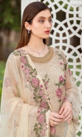 Embroidered Organza front with sequence Embroidered Organza back Hand work neck patch Embroidered Organza sleeves Embroidered net sleeves lace Embroidered net ghera lace Embroidered chiffon dupatta Raw Silk trouser – 2.5 Meter Embroidered net trouser patches