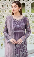 Embroidered net front with sequence Embroidered net back with sequence Hand work neck patch Embroidered net sleeves with sequence Embroidered net sleeves lace with sequence Embroidered net ghera lace with sequence Embroidered Net dupatta with sequence Raw Silk trouser – 2.5 Meter Embroidered net trouser patches