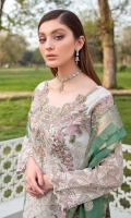 Embroidered Organza front with sequence Embroidered Organza back Hand work neck patch Embroidered Organza sleeves Embroidered Organza sleeves lace with pasting Embroidered Organza ghera lace Embroidered Jamawar dupatta Raw Silk trouser – 2.5 Meter Embroidered Organza trouser patches