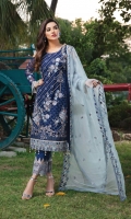 Embroidered chiffon front with sequins– 30 inch Embroidered chiffon back – 30 inch Embroidered chiffon sleeves – 1.25 Meter  Embroidered tissue sleeves lace -1.25 Meter Embroidered tissue ghera lace – 1.5 Meter Embroidered chiffon dupatta – 2.50 Meter Raw Silk trouser – 2.5 Meter  Embroidered tissue trouser lace for pasting