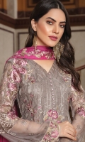 Embroidered chiffon front with sequins – 30 inch Embroidered chiffon back – 30 inch  Embroidered chiffon sleeves – 1.25 Meter Embroidered tissue sleeves lace  – 1.25 Meter Embroidered tissue ghera lace – 1.5 Meter Embroidered chiffon dupatta – 2.50 Meter Raw Silk trouser – 2.5 Meter  Embroidered tissue trouser lace for pasting  