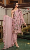 Embroidered chiffon front with sequins – 30 inch Embroidered chiffon back – 30 inch  Embroidered chiffon sleeves – 1.25 Meter Embroidered tissue sleeves lace pasting  with net patches – 1.25 Meter  Embroidered tissue ghera lace – 1.5 Meter Embroidered chiffon dupatta – 2.50 Meter Raw Silk trouser – 2.5 Meter  Embroidered tissue trouser lace for pasting