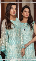Embroidered chiffon front with sequins – 30 inch Embroidered chiffon back – 30 inch Embroidered Chiffon sleeves – 1.25 Meter Embroidered tissue sleeves lace  –1.25 Meter  Embroidered tissue ghera lace – 1.5 Meter Embroidered net dupatta – 2.50 Meter Raw Silk trouser – 2.5 Meter  Embroidered tissue trouser lace for pasting  