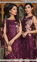 Embroidered chiffon front with sequins – 30 inch Embroidered chiffon back – 30 inch Embroidered chiffon sleeves – 1.25 Meter  Embroidered tissue sleeves lace – 1.25 Meter  Embroidered tissue ghera lace – 1.5 Meter Embroidered chiffon dupatta – 2.50 Meter  Raw Silk trouser – 2.5 Meter  Embroidered tissue trouser lace for pasting