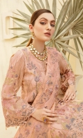 Embroidered Chiffon front with sequins Embroidered Chiffon back Embroidered Chiffon sleeves Embroidered Organza sleeves lace–1.25 Embroidered Organza ghera lace Embroidered Chiffon dupatta – 2.5 Meter Raw Silk trouser – 2.5 Meter Embroidered Organza trouser lace