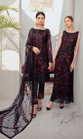 Embroidered Chiffon front with sequins  Embroidered Chiffon back Embroidered Chiffon sleeves  Embroidered tissue sleeves lace Embroidered tissue ghera lace Embroidered Net dupatta – 2.5 Meter  Raw silk trouser – 2.5 Meter  Embroidered tissue trouser lace