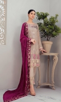 Embroidered Chiffon front with sequins Embroidered Chiffon back Embroidered Chiffon sleeves Embroidered tissue sleeves lace –2.5 Meter  Embroidered tissue ghera lace Embroidered Chiffon dupatta – 2.5 Meter Raw Silk trouser – 2.5 Meter  Embroidered tissue trouser lace  