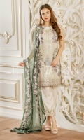 Embroidered chiffon front – 30 inch Embroidered chiffon back – 30 inch Embroidered chiffon sleeves – 1.25 Meter Embroidered tissue sleeves lace with tissue pasting -1.25 Meter Embroidered tissue ghera lace – 1.5 Meter Digital printed dupatta – 2.50 Meter Grip trouser – 2.5 Meter Embroidered tissue trouser patch with lace -2 patch