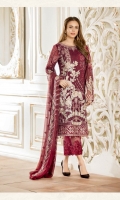 Embroidered chiffon front – 30 inch Embroidered chiffon back – 30 inch Embroidered chiffon sleeves – 1.25 Meter Embroidered net sleeves lace– 1.25 Meter Embroidered net ghera lace – 1.5 Meter Embroidered chiffon dupatta – 2.50 Meter Grip trouser – 2.5 Meter Embroidered net trouser patch- 2 Patches
