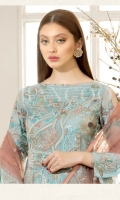 Embroidered chiffon front with sequence– 30 inch Embroidered chiffon back – 30 inch Embroidered chiffon sleeves – 1.25 Meter Embroidered tissue sleeves lace– 1.25 Meter Embroidered tissue ghera lace – 1.5 Meter Embroidered net dupatta – 2.50 Meter Grip trouser – 2.5 Meter Embroidered tissue trouser patch with lace – 2 Patches