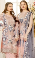 Embroidered chiffon front with sequence– 30 inch Embroidered chiffon back – 30 inch Embroidered chiffon sleeves – 1.25 Meter Embroidered tissue sleeves lace– 1.25 Meter Embroidered tissue ghera lace – 1.5 Meter Embroidered chiffon dupatta – 2.50 Meter Grip trouser – 2.5 Meter Embroidered tissue trouser patch- 4 patches