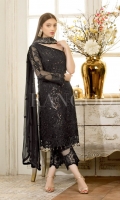 Embroidered chiffon front – 30 inch Embroidered chiffon back – 30 inch Embroidered chiffon sleeves – 1.25 Meter Embroidered net sleeves lace -1.25 Meter Embroidered net ghera lace – 1.5 Meter Digital printed dupatta – 2.50 Meter Grip trouser – 2.5 Meter Embroidered net trouser patch with net lace-2 patche