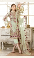Embroidered chiffon front – 30 inch Embroidered chiffon back – 30 inch Embroidered chiffon sleeves – 1.25 Meter Embroidered tissue sleeves lace– 1.25 Meter Embroidered tissue ghera lace – 1.5 Meter Embroidered chiffon dupatta – 2.50 Meter Grip trouser – 2.5 Meter Embroidered tissue trouser patch with lace -2 Patches