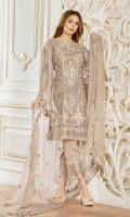 Embroidered chiffon front – 30 inch Embroidered chiffon back – 30 inch Embroidered chiffon sleeves – 1.25 Meter Embroidered tissue sleeves lace -1.25 Meter Embroidered tissue ghera – 1.5 Meter Embroidered Chiffon dupatta – 2.50 Meter Grip trouser – 2.5 Meter Embroidered tissue trouser patch with tissue lace-2 patches
