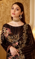 Embroidered Velvet front with sequins– 30 inch  Embroidered Velvet back – 30 inch Embroidered Velvet sleeves – 1.25 Meter  Embroidered Silk sleeves lace – 1.25 Meter Embroidered Silk damn lace – 1.5 Meter Embroidered Chiffon dupatta – 2.50 Meter  Raw silk trouser – 2.5 Meter