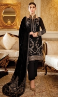 Embroidered Chiffon front with sequins– 30 inch  Embroidered Chiffon back – 30 inch Embroidered Chiffon sleeves – 1.25 Meter  Embroidered silk sleeves lace – 1.25 Meter Embroidered silk damn lace –   1.5 Meter  Embroidered Velvet Shawl – 2.5 Meter  Raw silk trouser – 2.5 Meter
