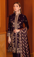 Embroidered velvet front with sequins Embroidered velvet back Embroidered velvet sleeves Embroidered silk sleeves lace Embroidered silk damn lace Embroidered jamawar dupatta – 2.5 meter Raw silk trouser – 2.5 Meter