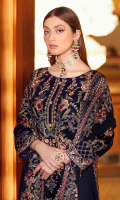 Embroidered velvet front with sequins Embroidered velvet back Embroidered velvet sleeves Embroidered silk sleeves lace with patches Embroidered silk damn lace Embroidered chiffon dupatta – 2.5 Meter Raw silk trouser – 2.5 Meter