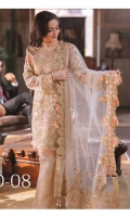 Embroidered Masoori Chiffon Shirt with Adda Work 3.25 Yards Dyed Shirt Lining 2 Yards Embroidered Net Dupatta with Swarovski 2.65 Yards Dyed Jacquard Trouser 2.50 Yards Embroidered Border Lace Front – 30” 01 Piece Embroidered Border Lace Back - 30” 01 Piece Embroidered Sleeve Lace with Adda Work – 30” 01 Piece