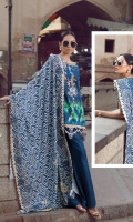Complete Printed Shirt 3.25 Yards Pashmina Printed Shawl 2.73 Yards Dyed Trouser 2.65 Yards Embroidered Neck Lace – 40” 01 Piece Embroidered Sleeve lace – 40“ 01 Piece Embroidered Shirt Motifs 03 Pieces