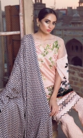 Complete Printed Shirt with Embroidered Front 3.25 yards  Pashmina Printed Shawl 2.73 Yards Printed Trouser 2.65 Yards Embroidered Border Lace – 30” 01 Piece