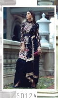 Embroidered Chiffon Shirt with Hand Embellished Gota Work - 3.25 Yards Embroidered Dupatta with Hand Embellished Gota Work - 2.73 Yards Dyed Inner Lining - 2 Yards Dyed Grip Trouser - 2.65 Yards Embroidered Border Lace on Tissue: 30” (Front & Back) - 02 Pieces