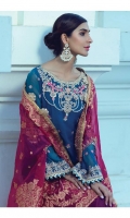 Embroidered Dyed Chiffon Shirt with Sequins - 3.25 Yards Dyed Fancy Jacquard Dupatta - 2.73 Yards Dyed Inner Lining - 2 Yards Dyed Grip Trouser - 2.65 Yards Embroidered Border Lace on Tissue: 30” (Front & Back) - 02 Pieces Embroidered Neckline on Tissue with Hand Embellishment - 01 Piece