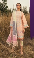 Shirt Front Full Embroidered Dobby Lawn (1.25 Yards) Digital Printed Dobby Lawn Shirt Back (1.25 Yards) Embroidered Dobby Lawn Shirt Sleeves (0.70 Yards) Multi Color Embroidered Organza Dupatta (2.75 Yards) Dyed Trouser (2.65 Yards) Embroidered Trouser Motif (01 Pair)
