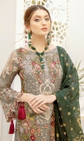 Embroidered Chiffon front with sequins– 30 inch Embroidered Chiffon back – 30 inch Embroidered Chiffon sleeves – 1.25 Meter Embroidered tissue sleeves lace pasting with patches –1.25 Embroidered tissue ghera lace – 1.5 Meter Banarsi Dupatta – 2.50 Meter Raw Silk trouser – 2.5 Meter Embroidered tissue trouser patch