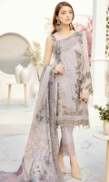 Embroidered Chiffon front with sequins– 30 inch Embroidered Chiffon back – 30 inch Embroidered Chiffon sleeves – 1.25 Meter Embroidered tissue sleeves lace – 1.25 Meter Embroidered tissue ghera lace – 1.5 Meter Digital Printed silk dupatta – 2.50 Meter Raw silk trouser – 2.5 Meter Embroidered tissue trouser patch