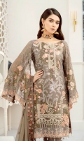 Embroidered Chiffon front with sequins– 30 inch Embroidered Chiffon back – 30 inch Embroidered Chiffon sleeves – 1.25 Meter Embroidered tissue sleeves lace – 1.25 Meter Embroidered tissue ghera lace – 1.5 Meter Embroidered Chiffon dupatta – 2.50 Meter Raw Silk trouser – 2.5 Meter Embroidered tissue trouser patch