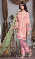 3pc Unstitched Swiss Lawn Embroidered With Dupatta Chiffon Shirt: Lawn Swiss (Machine & Hand Â Embroidered)  Dupatta: Chiffon 2.5 Meter  Trouser: Cotton 2.25 Meter