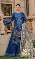 Front: jacquard Front neckline: 1pc embroidered on organza Front boarder: 1pc embroidered on organza Back: jacquard Back boarder: 1pc embroidered on organza. Dupatta: 2.5-meter Foil print on organza Trouser: 2.5 meter on cambric