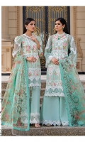 Front: digital print with embroidered on lawn. Back: digital print. Back boarder: 1pc embroidered on organza. Sleeves: digital print on lawn Sleeve’s motif: 1pc embroidered on organza. Sleeve’s boarder: 1pc embroidered on organza. Dupatta: 2.5-meter sublimation print on organza. Trouser boarder: 1pc embroidered on organza. Trouser: 2.5-meter cambric