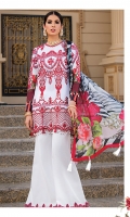 Front: full embroidered on lawn Front neckline: 1pc embroidered on organza Front boarder: 1pc embroidered on organza Back: digital print on lawn Sleeves: digital print. Sleeve’s patch: 1pc embroidered on organza. Dupatta: 2.5-meter digital print on silk. Trouser patch: 1pc embroidered on organza Trouser: 2.5 meter on cambric
