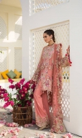 A swing shirt deep coral scalloped front open jacket. Accentuated by bunches of resham and tilla embroidery. And chermeuse finishes and beautifully embellished shirt with hanging dip dye pearl and triangle tassels paired with net embroidery patch trouser and net patch embroider dupatta. Slip is also included. 
