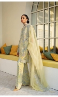 Soft yellow organza shirt with floral embroidery fully embellished with crystals, pearls and multi with hanging pearls tassels. Paired with fully worked pants and dupatta cotton slip also included.